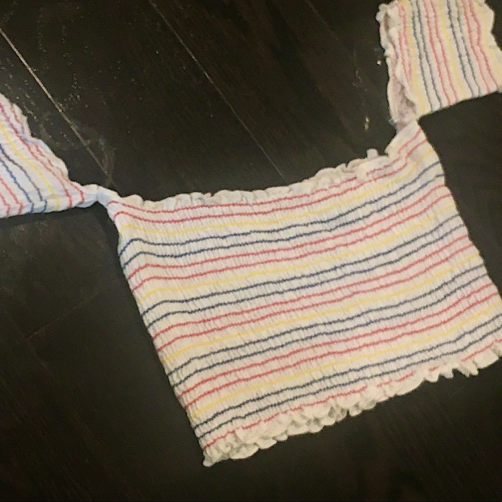 Sunset + Spring Off Shoulder Striped Smocked Crop - Picture 11 of 13